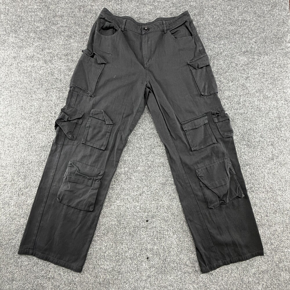 White Fox Pants Womens Medium Black Cargo Twill Relaxed Fit Pockets Utility